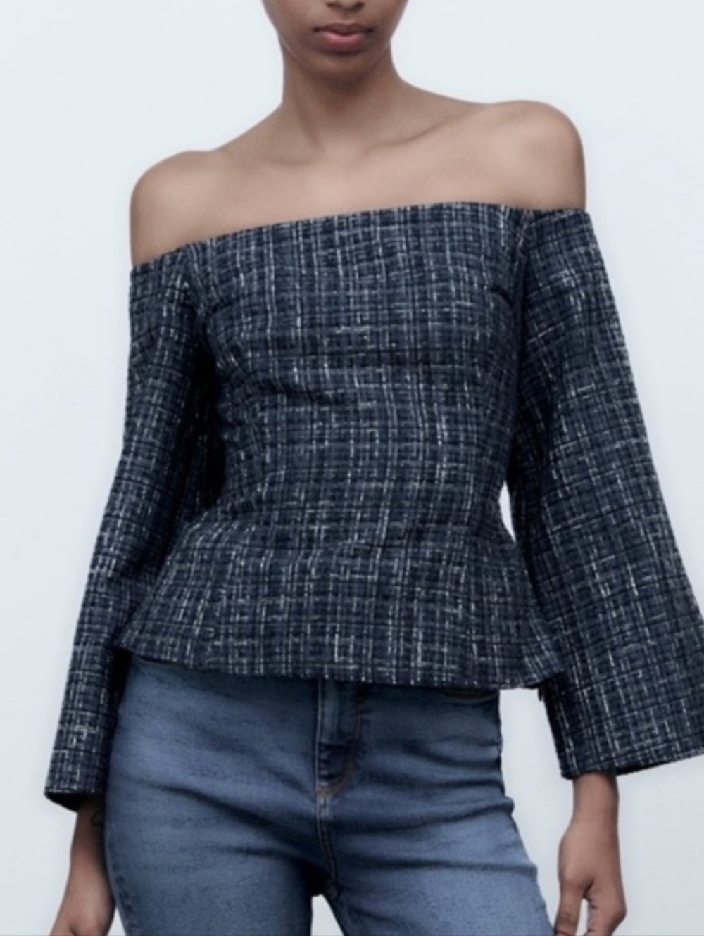 Zara Blue Tweed Off The Shoulder Bell Sleeve Peplum Top Size XS